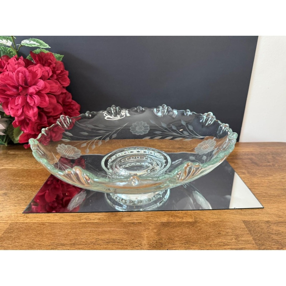 Vintage WJ Hughes Cornflower Etched Glass Pedestal‎ Bowl Heavy Glass Floral P